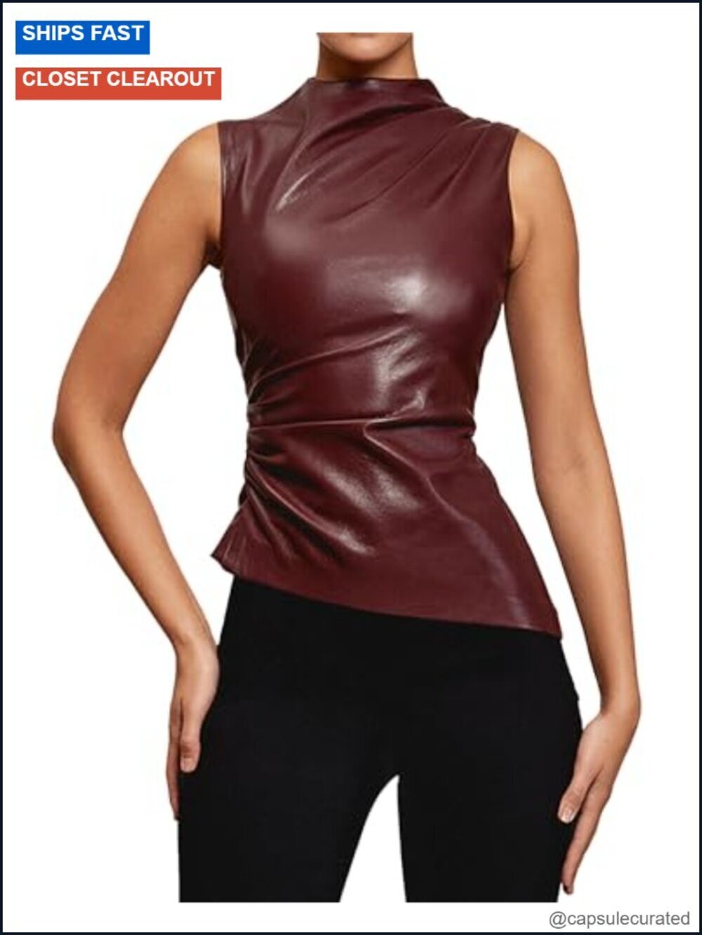 Faux Leather Mock Neck Sleeveless Tank Top with Zipper